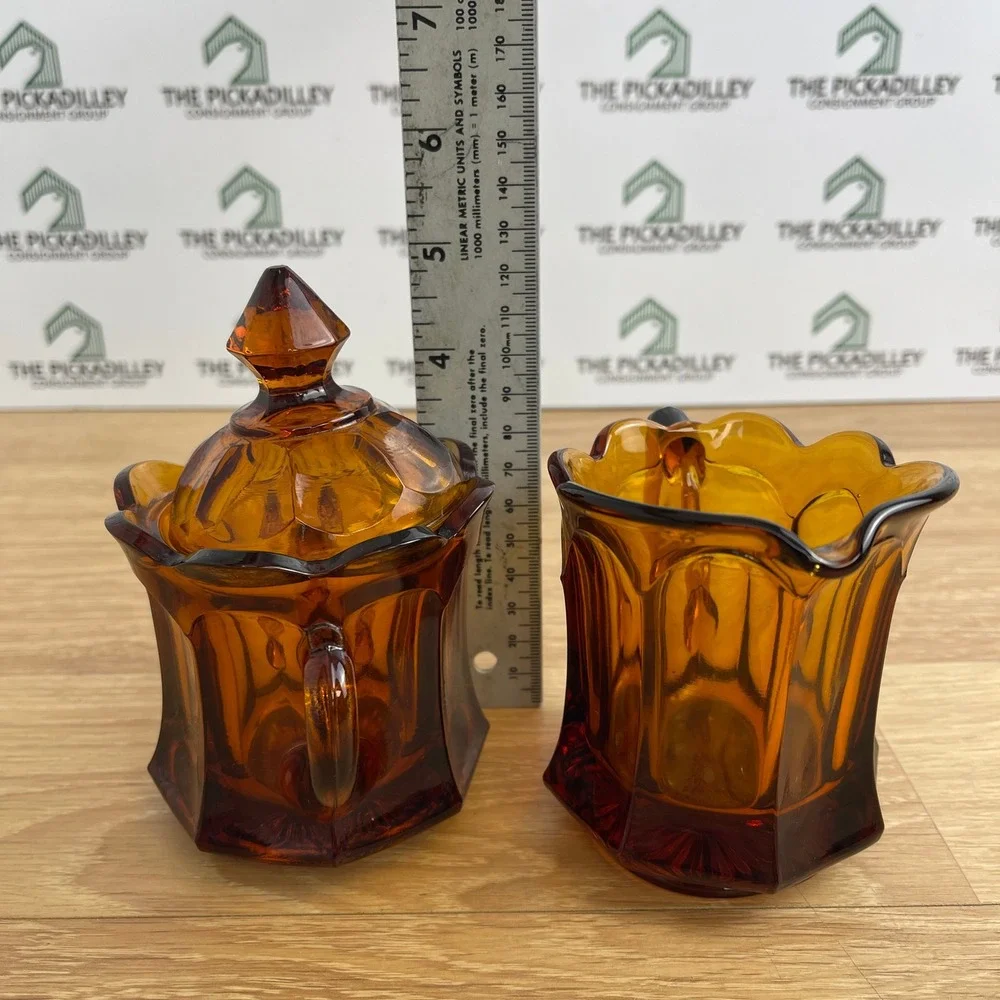 Vintage Amber Glass Cream and Sugar Set Paneled Scalloped MCM Retro Orange Glass